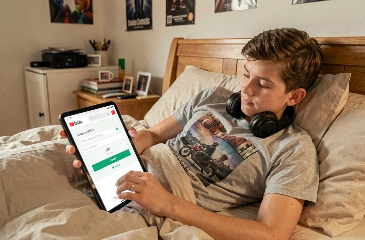 Adolescent convertissant une longue vidéo YouTube en fichier MP4 via une tablette dans sa chambre