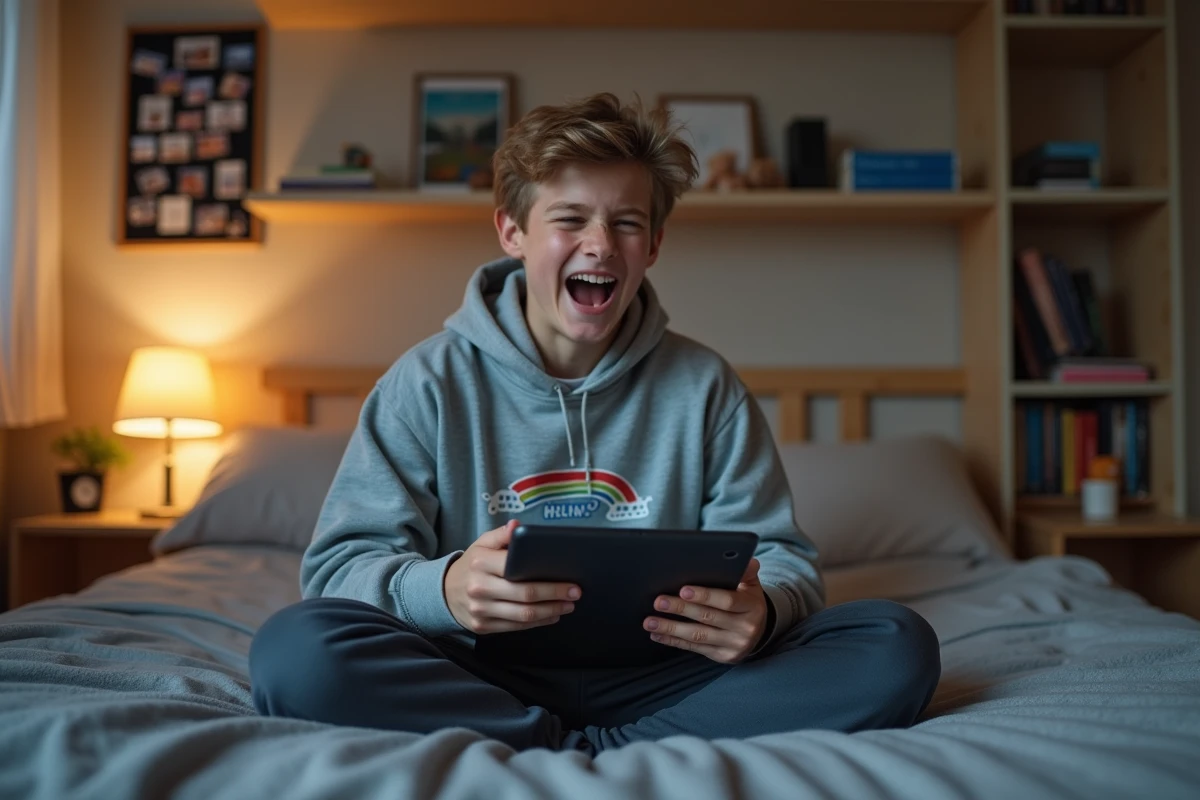 Adolescent amusé réagissant à un easter egg Google sur sa tablette dans sa chambre