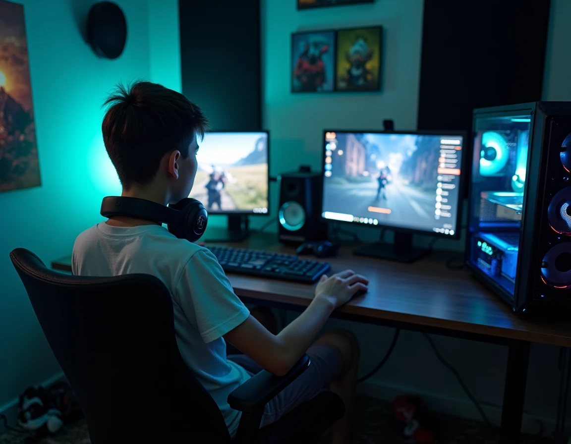 Adolescent comparant les performances de jeu entre Windows 10 et Windows 11 sur PC tour personnalisé
