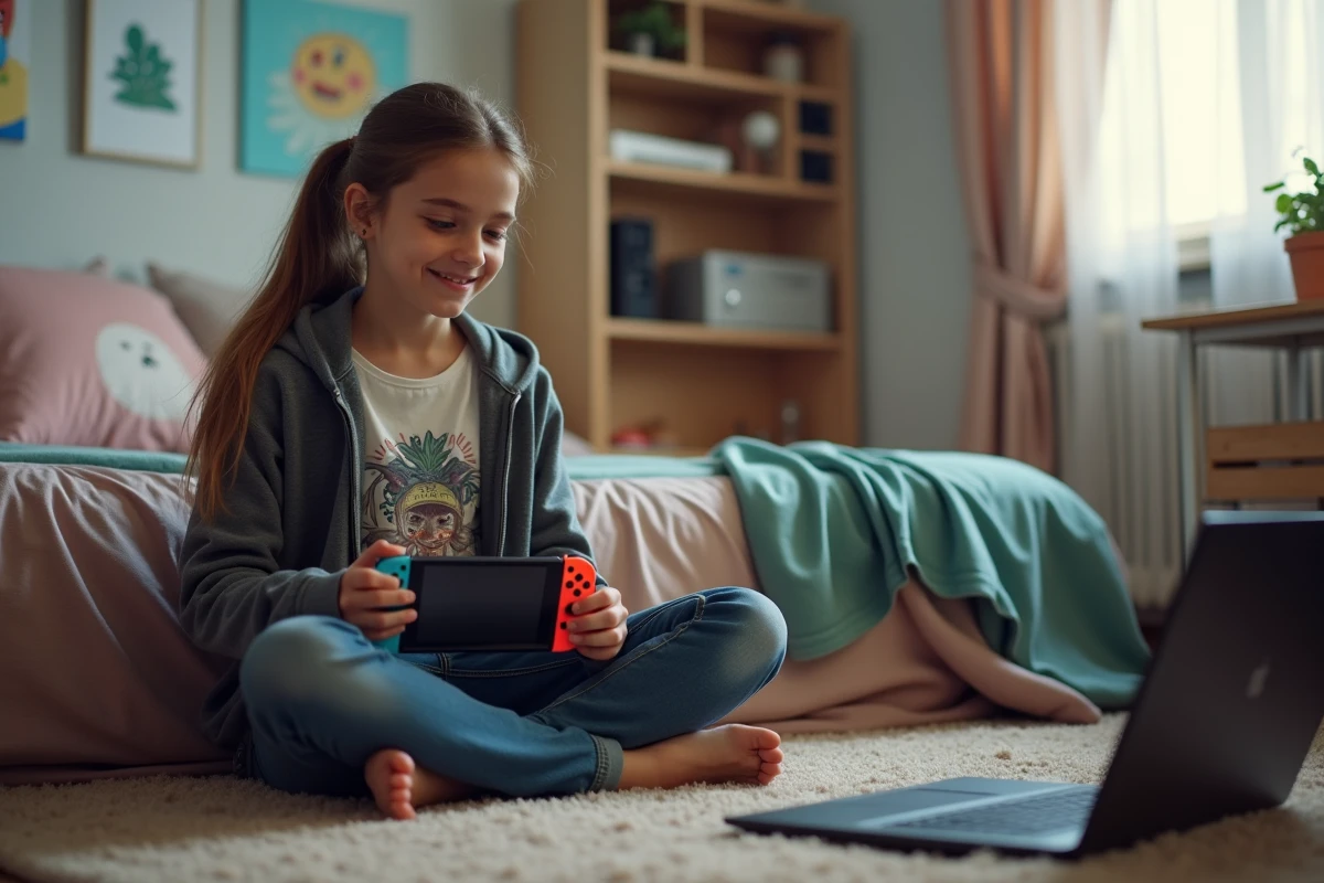 Adolescente jouant avec Nintendo Switch dans sa chambre lumineuse