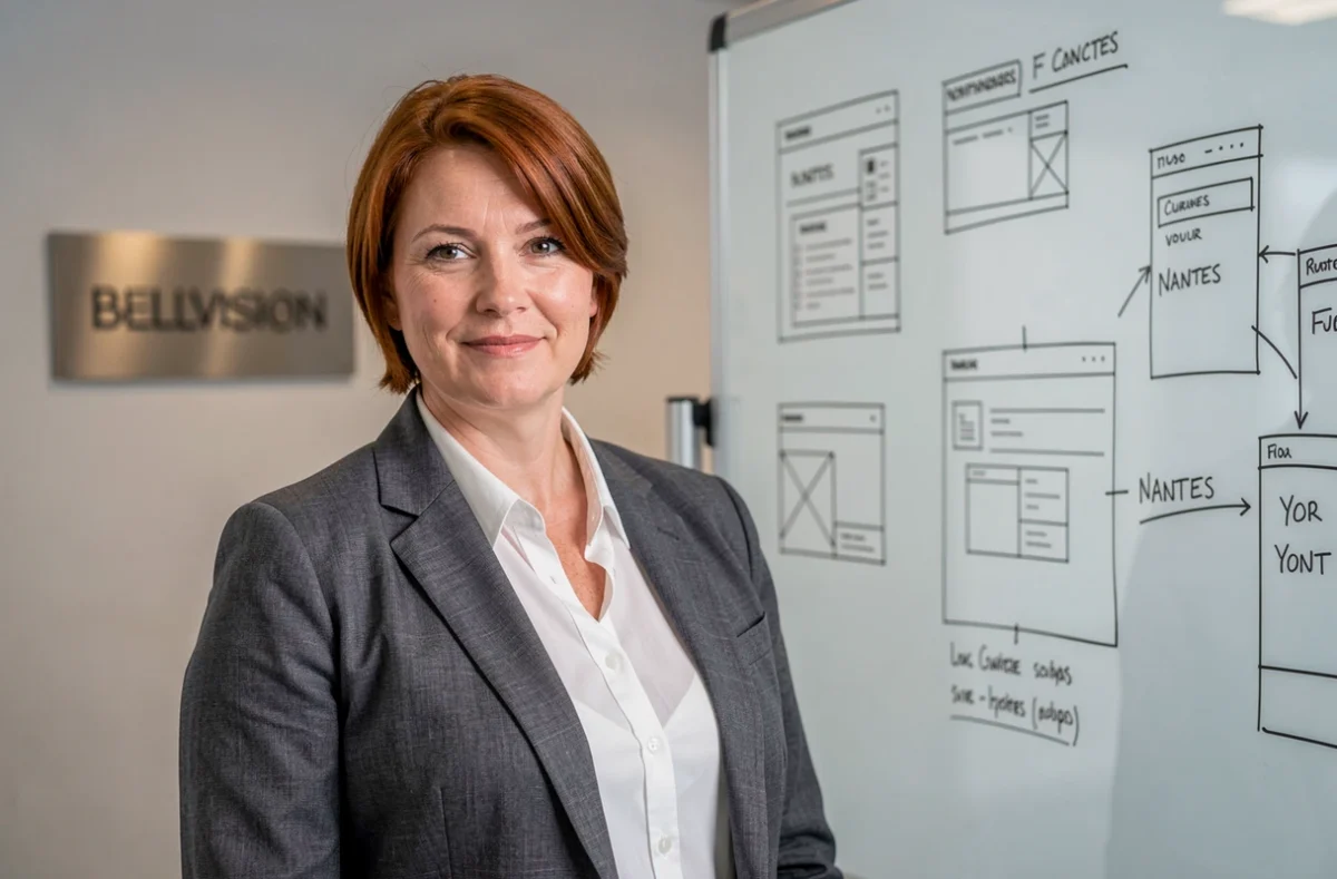 Directrice créative de l'agence Bellvision devant des wireframes de site web