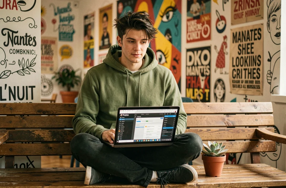 Designer de l'agence L'inuit travaillant sur WordPress dans un espace de coworking créatif à Nantes
