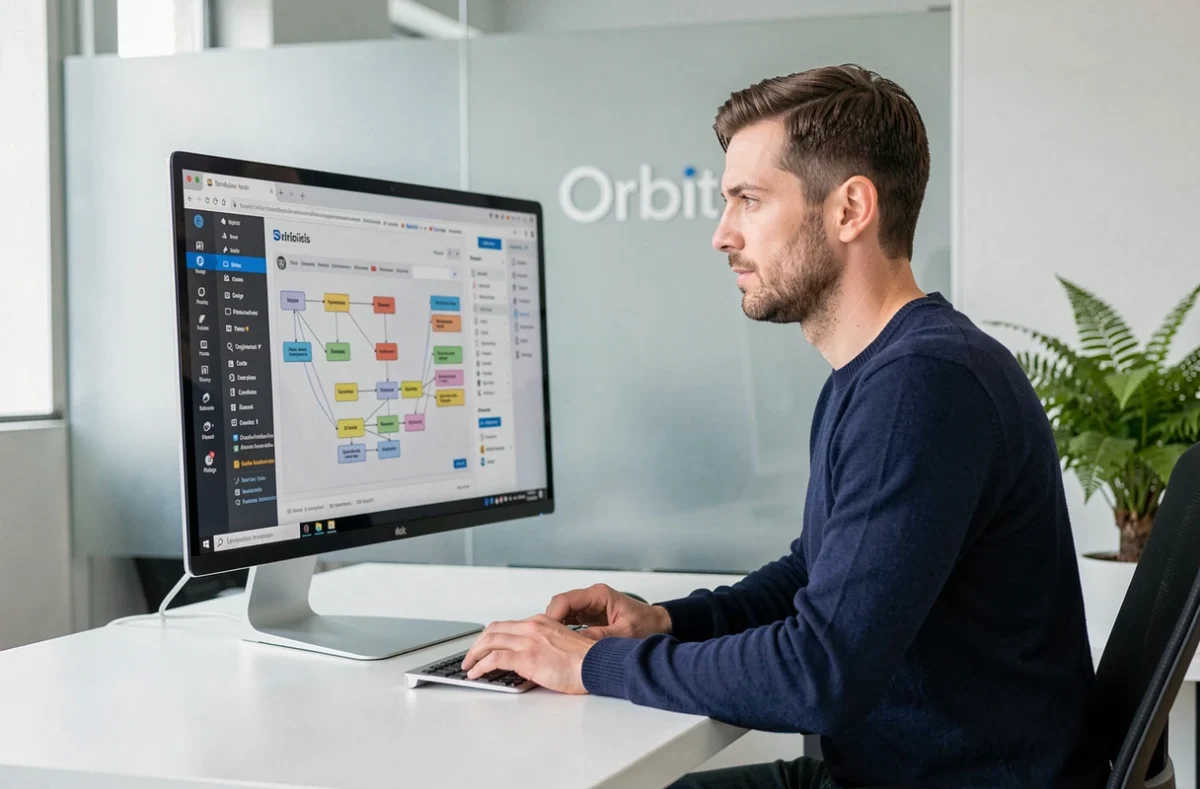 Développeur de l'agence Orbitis travaillant sur un projet WordPress dans un bureau épuré