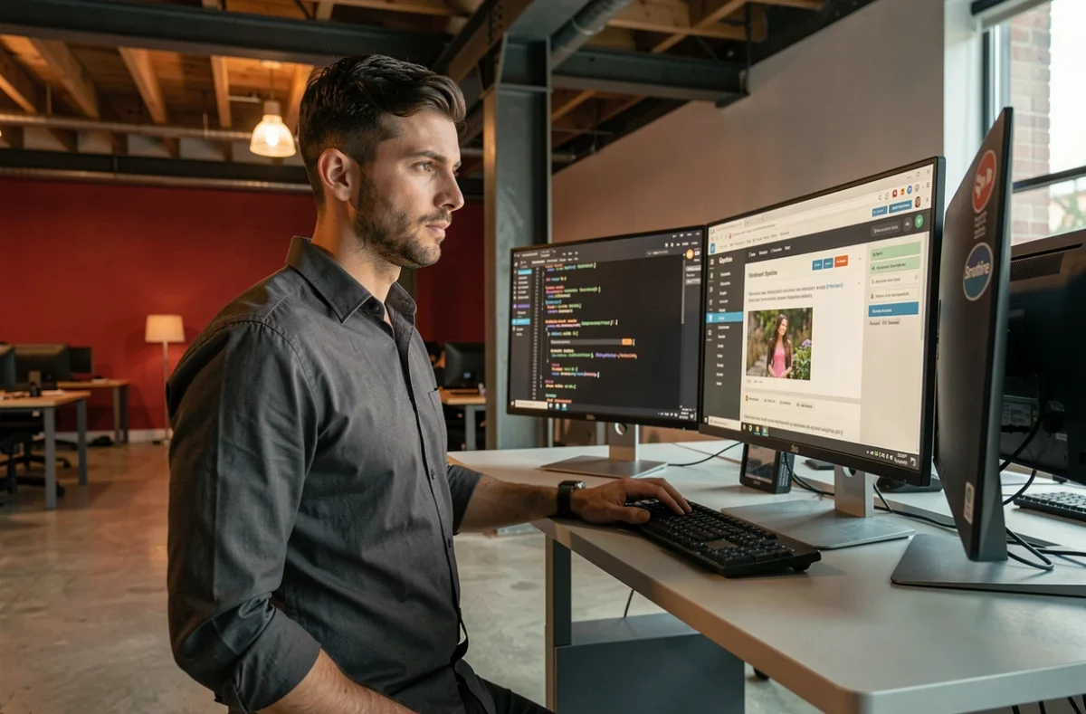 Développeur de l'agence Smartfire debout devant ses écrans affichant du code WordPress