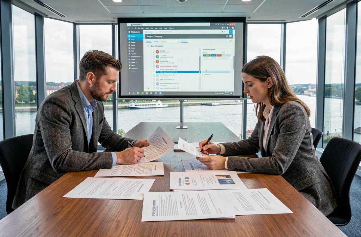 Équipe de The Project Company en réunion stratégique avec un projet WordPress en arrière-plan