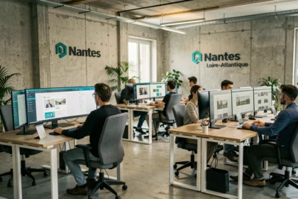 Vue d'ensemble d'une agence web moderne à Nantes avec des développeurs WordPress au travail
