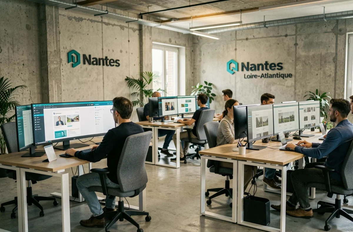 Vue d'ensemble d'une agence web moderne à Nantes avec des développeurs WordPress au travail