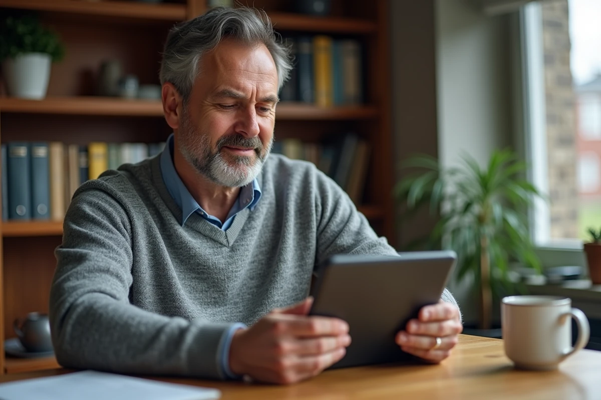 Homme consultant la page d'aide et de support d'une webapp sur tablette et smartphone depuis son domicile