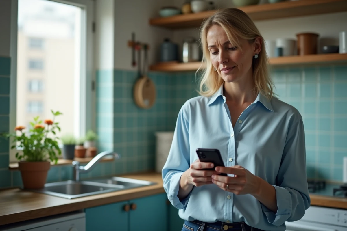 Femme consultant la couverture réseau SFR sur smartphone dans un appartement sans fibre