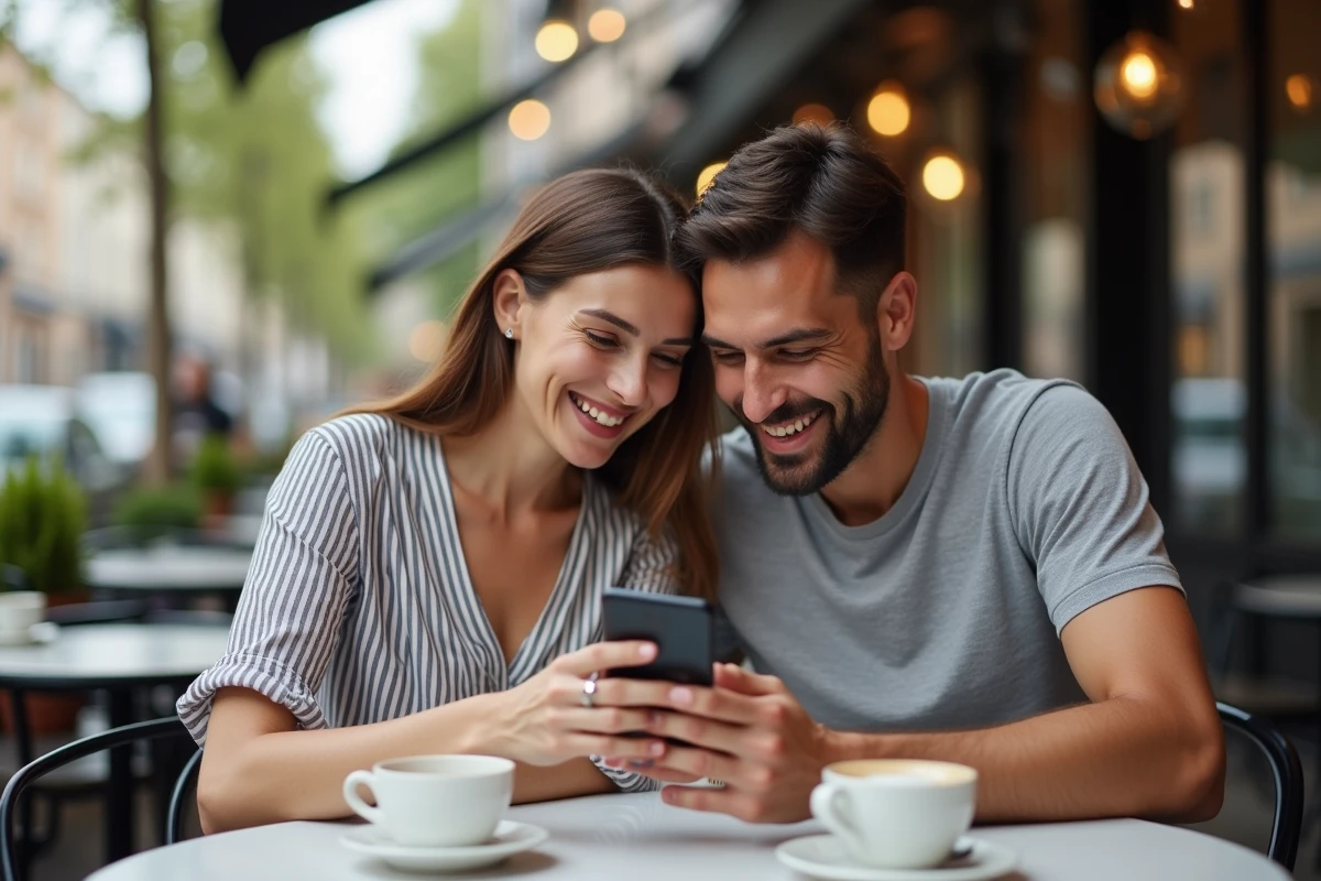 Deux amis regardant ensemble un compte Instagram privé sur un smartphone en terrasse de café