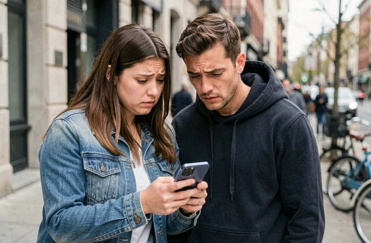 Deux amis dans la rue regardant ensemble un profil Instagram inaccessible sur un smartphone
