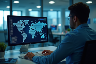 Personne analysant des données sur un écran avec carte du monde et icônes VPN