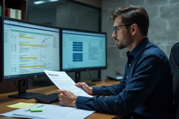 Analyste en cybersécurité examinant un certificat de networthiness et un processus RMF sur son bureau