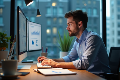 Jeune homme analysant des données SEO sur un grand écran