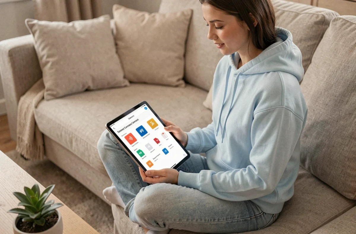 Jeune femme utilisant une application de conversion de fichiers audio et PDF sur une tablette dans un salon