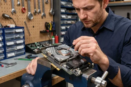 Technicien appliquant de la pâte thermique sur le die d'une carte graphique haut de gamme dans un atelier d'électronique professionnel