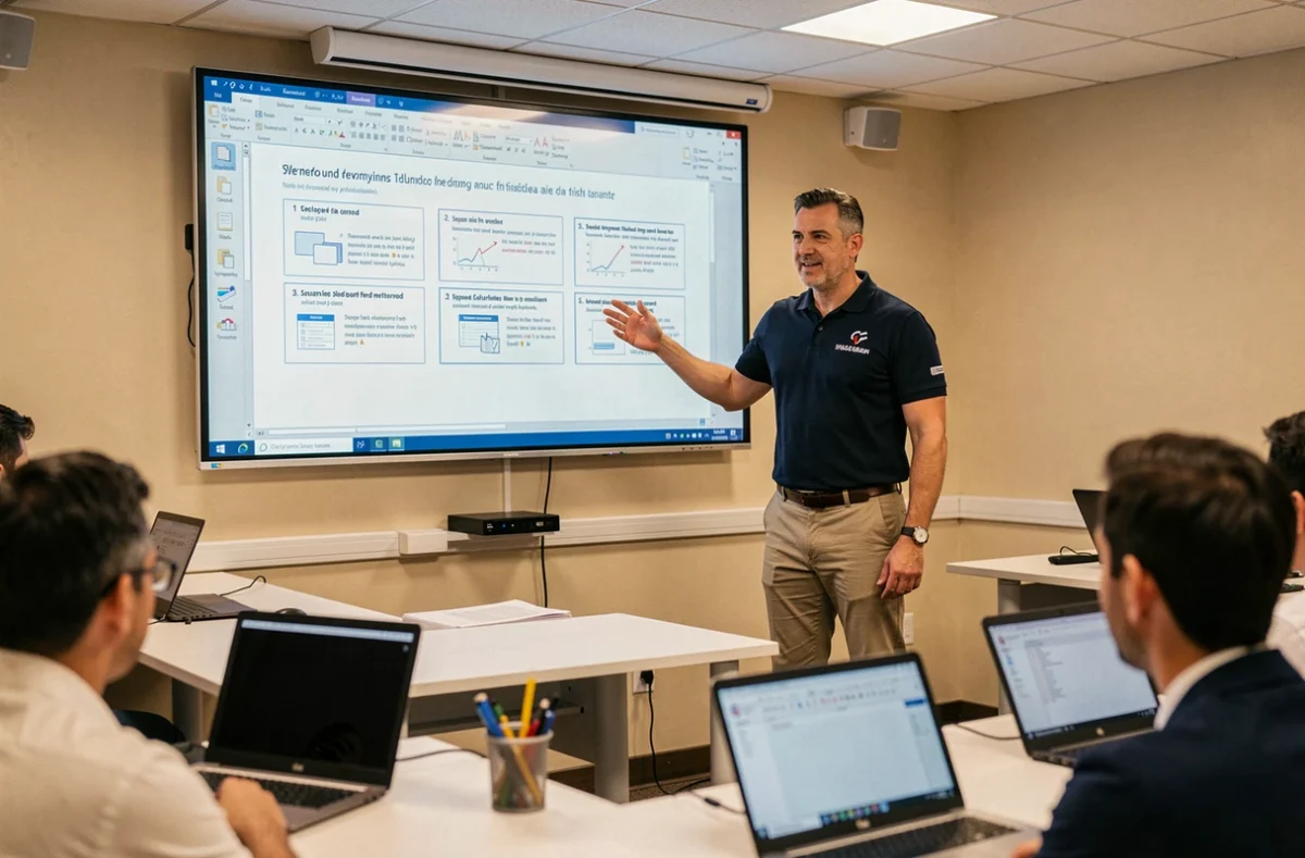 Formateur informatique animant une session de formation sur logiciels dans une salle équipée