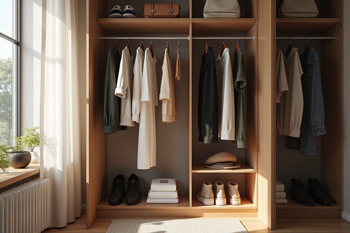 Armoire ouverte avec vêtements variés en lumière naturelle