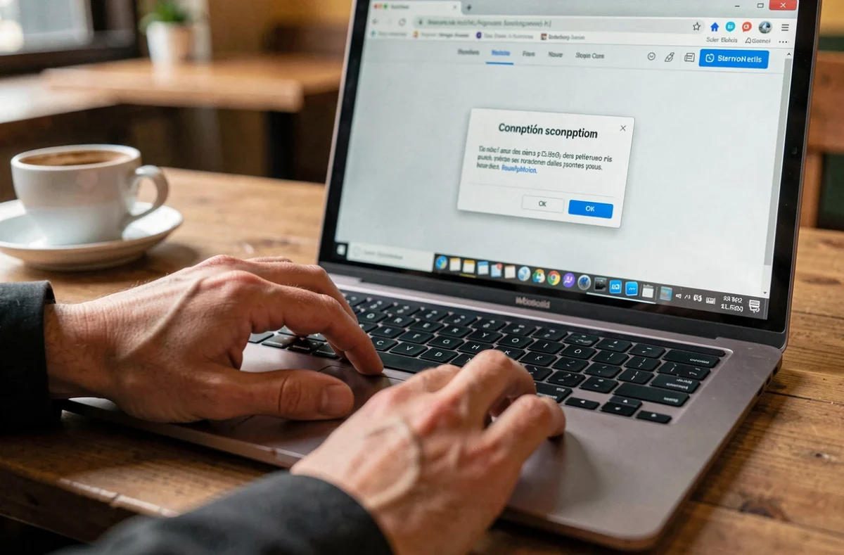 Gros plan sur un écran de webmail affichant un avertissement de déconnexion automatique dans un café