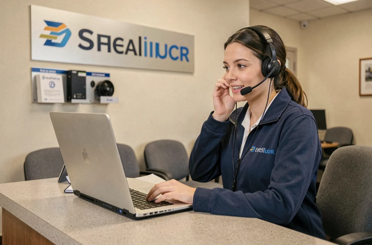 Technicienne d'AZ Informatique assurant le support client à l'accueil d'une agence informatique