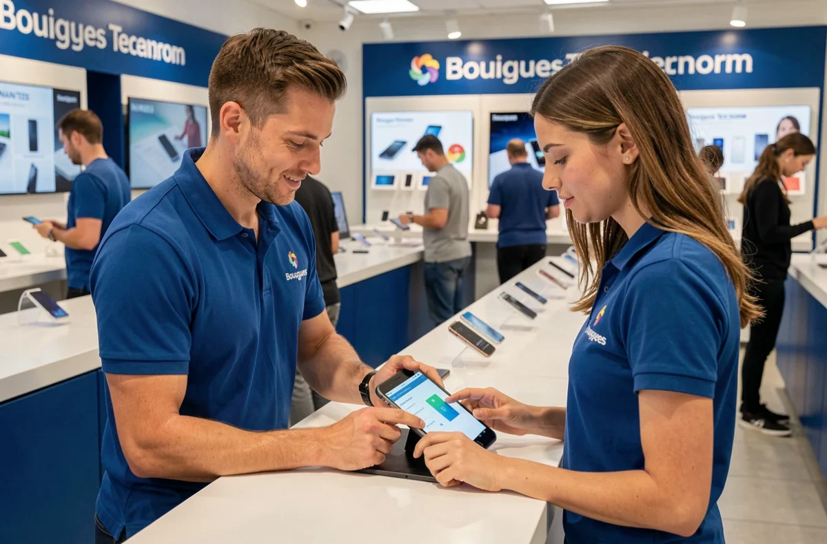 Conseiller Bouygues Telecom Nantes assistant une cliente pour un diagnostic de smartphone en boutique