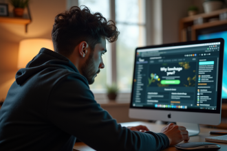 Personne travaillant dans un bureau à domicile avec ordinateur et lumière naturelle