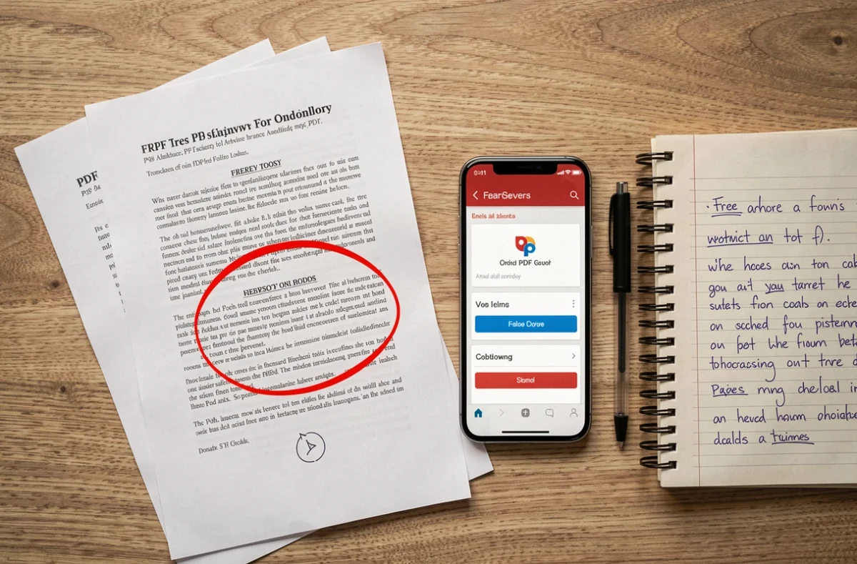Vue de dessus d'un bureau avec des pages PDF imprimées annotées et un outil en ligne pour fusionner des documents