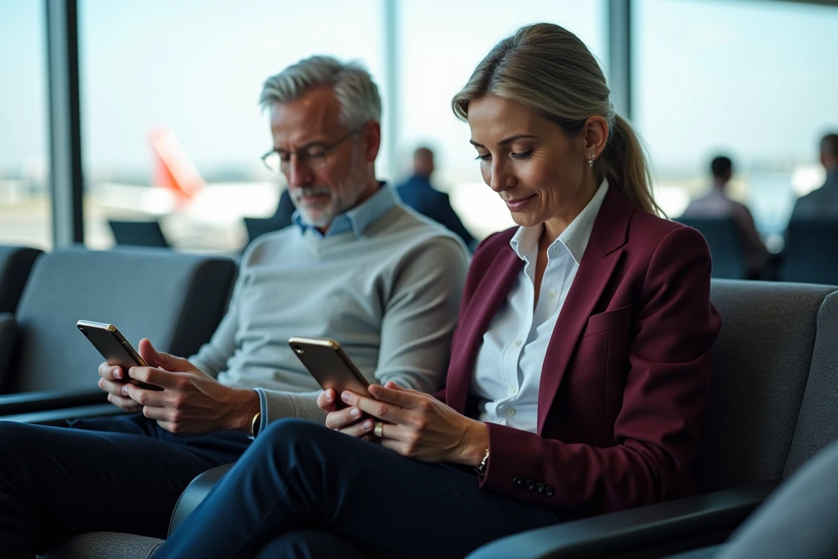 Deux cadres professionnels consultant leur smartphone dans un salon d'aéroport pour optimiser leur veille informationnelle