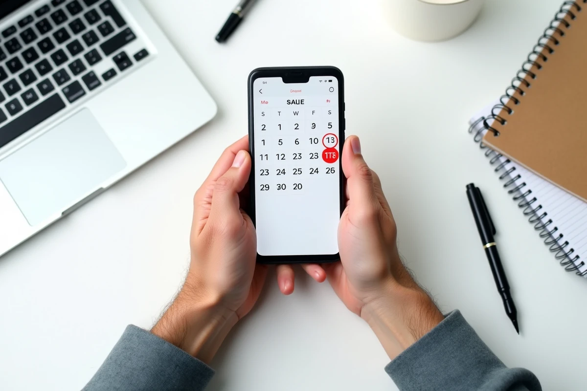 Mains tenant un smartphone Android avec calendrier des périodes de promotions sur un bureau