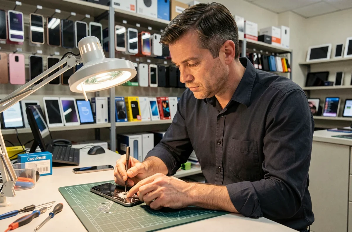 Technicien de Cash and Repair Rezé examinant un smartphone endommagé par l'eau