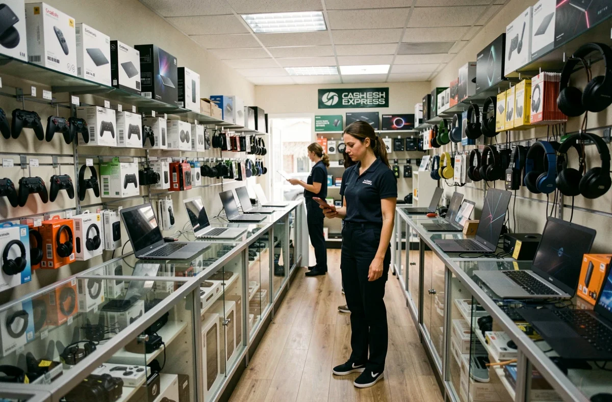 Intérieur d'un magasin Cash Express avec rayons de produits high-tech et loisirs d'occasion