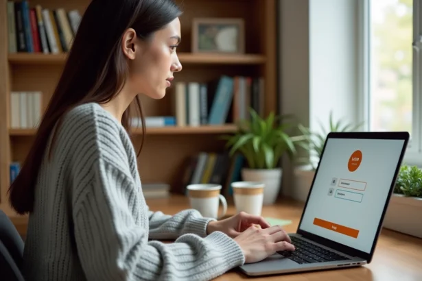 Femme changeant son mot de passe sur le portail Orange depuis un ordinateur portable à domicile