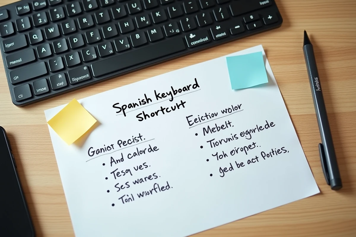Clavier QWERTY avec aide-mémoire des raccourcis pour accents espagnols sur Word et Google Docs posé sur un bureau en bois