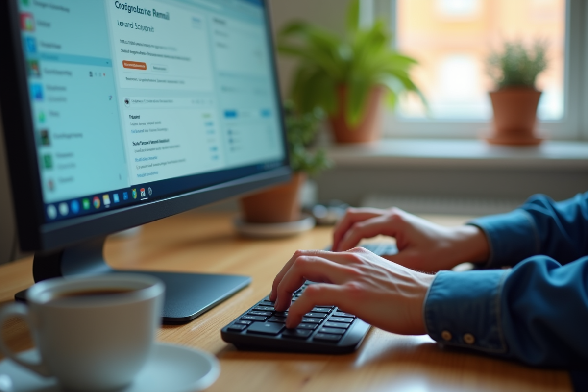 Mains tapant sur un clavier avec un écran de webmail en arrière-plan