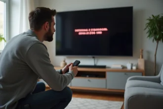 Homme devant une Smart TV affichant un code erreur F3411 Bouygues dans un salon moderne