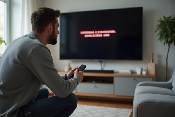 Homme devant une Smart TV affichant un code erreur F3411 Bouygues dans un salon moderne