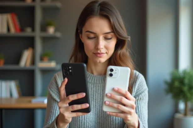 Femme comparant deux smartphones Google Pixel côte à côte sur un bureau en bois, guide d'achat Pixel 8 Pro vs Pixel 8a