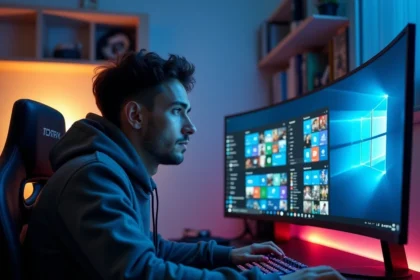 Joueur PC comparant Windows 11 et Windows 10 sur double écran ultrawide dans un setup gaming moderne