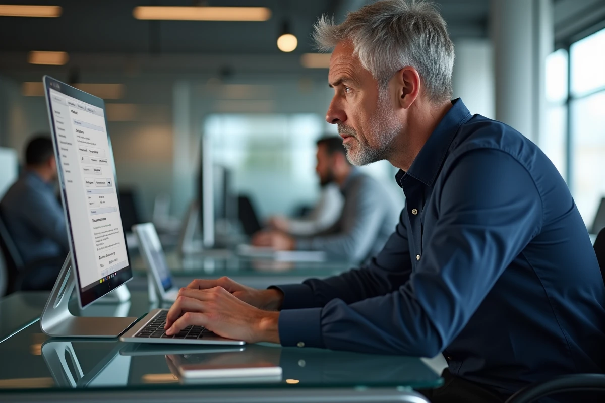 Homme configurant des raccourcis clavier personnalisés pour automatiser la saisie du È majuscule sur un ordinateur portable en bureau