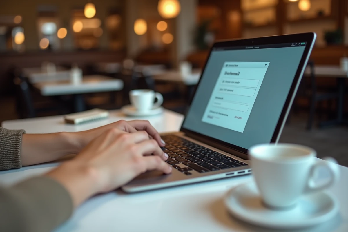 Mains tapant des identifiants de connexion sur un ordinateur portable dans un café pour accéder à Webmail Normandie