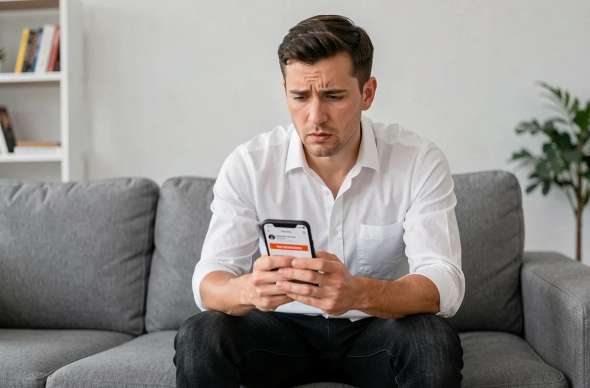 Homme scrutant son téléphone avec une expression interrogative face à un contenu Instagram bloqué dans un appartement moderne