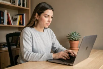 Femme convertissant des fichiers audio sur un ordinateur portable dans un bureau à domicile moderne