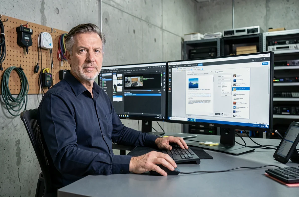 Homme professionnel convertissant des fichiers vidéo et PDF sur deux écrans dans un studio créatif