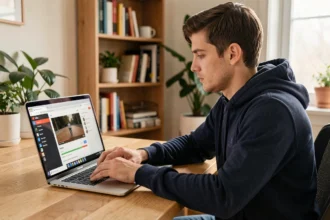 Jeune homme convertissant une vidéo YouTube en MP4 sur son ordinateur portable dans un bureau à domicile moderne