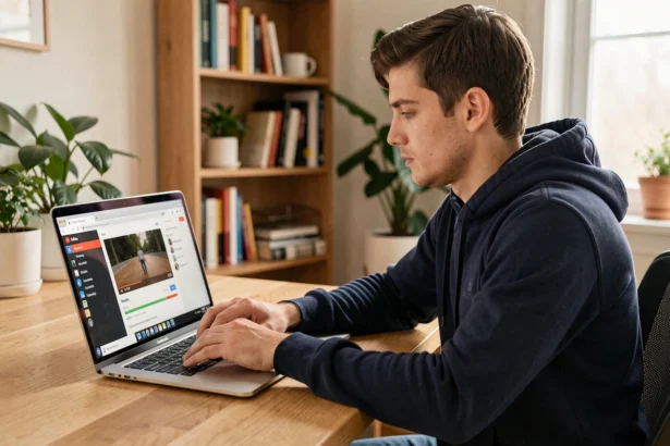 Jeune homme convertissant une vidéo YouTube en MP4 sur son ordinateur portable dans un bureau à domicile moderne