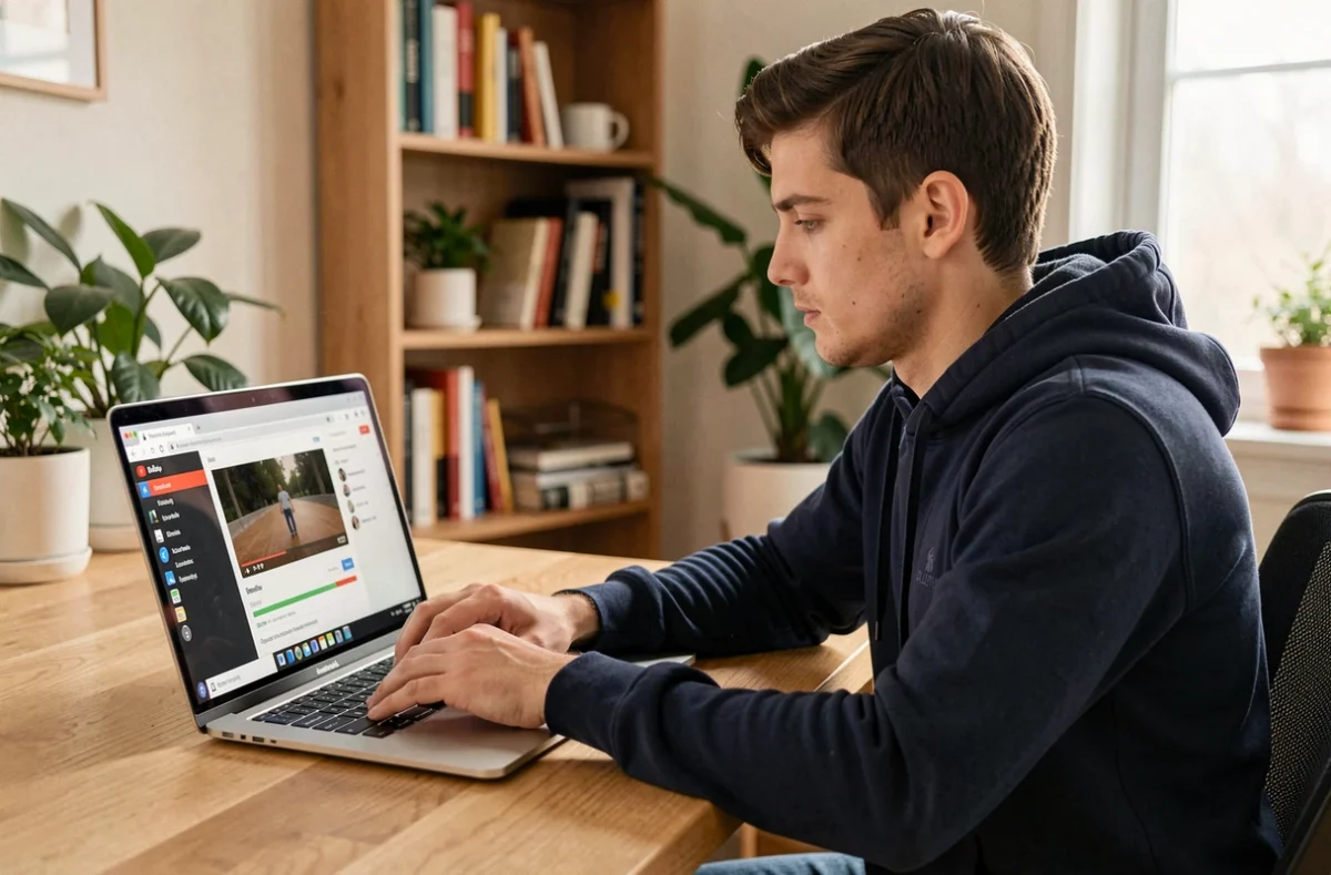 Jeune homme convertissant une vidéo YouTube en MP4 sur son ordinateur portable dans un bureau à domicile moderne