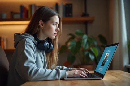 Jeune femme utilisant un convertisseur YouTube MP3 sur son ordinateur portable dans un bureau à domicile