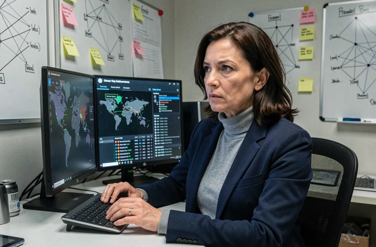 Spécialiste en cybersécurité analysant des tableaux de bord de sécurité informatique