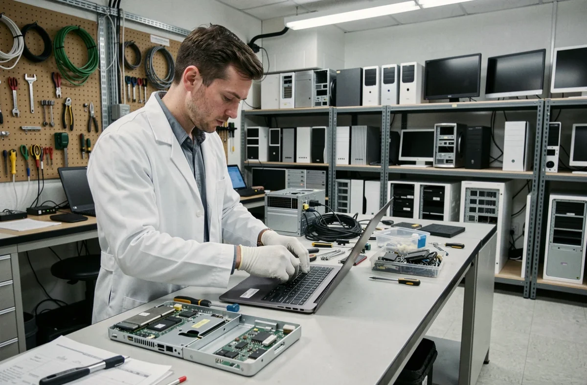 Technicien de DBLI Informatique reconditionnant un ordinateur portable dans un atelier informatique professionnel