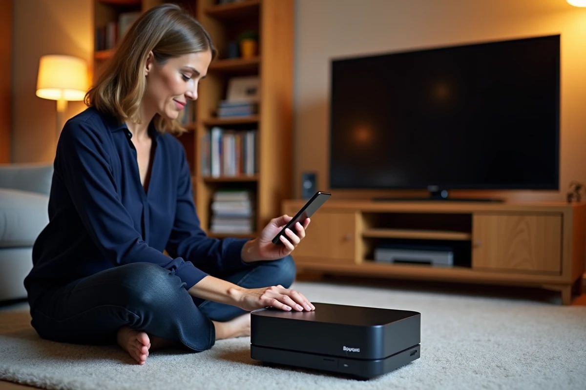Femme inspectant un décodeur Bouygues avec son smartphone pour résoudre le code erreur F3411